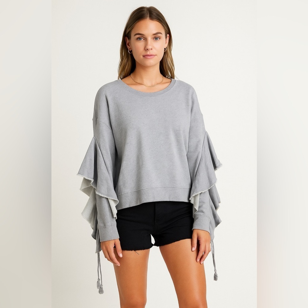 Free People Beach Grey Ruffle Sleeve Sweatshirt Top Size M Casual Cozy Pullover